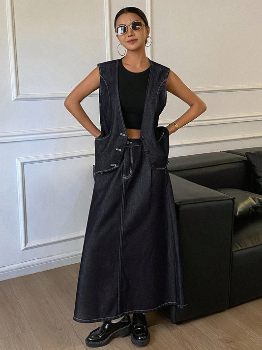 CM-SS548817 Women Casual Seoul Style Deep V-Neck Sleeveless Denim Vest Jacket With Midi Skirt - Set