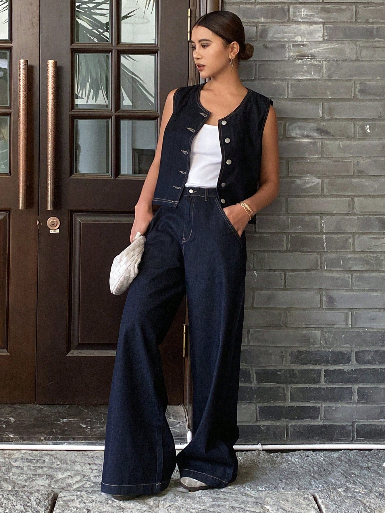 CM-SS970770 Women Casual Seoul Style Round Neck Open Front Denim Vest With Straight Leg Jeans - Set