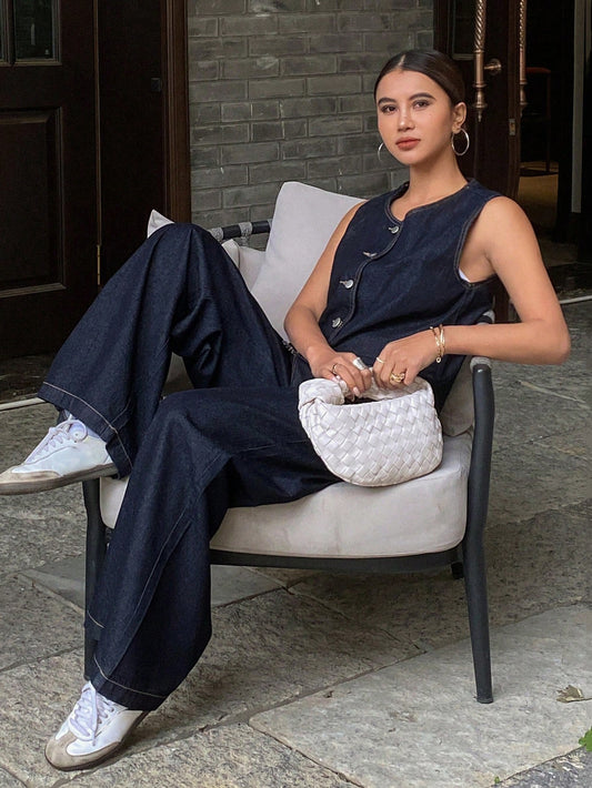 CM-SS970770 Women Casual Seoul Style Round Neck Open Front Denim Vest With Straight Leg Jeans - Set