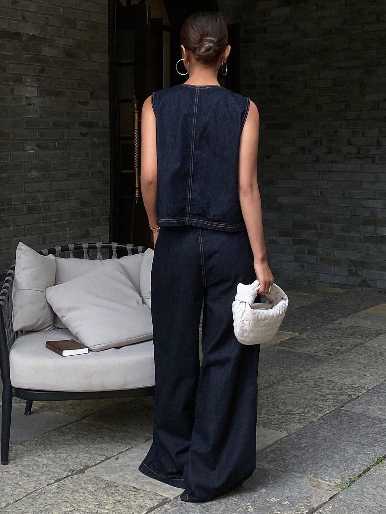 CM-SS970770 Women Casual Seoul Style Round Neck Open Front Denim Vest With Straight Leg Jeans - Set