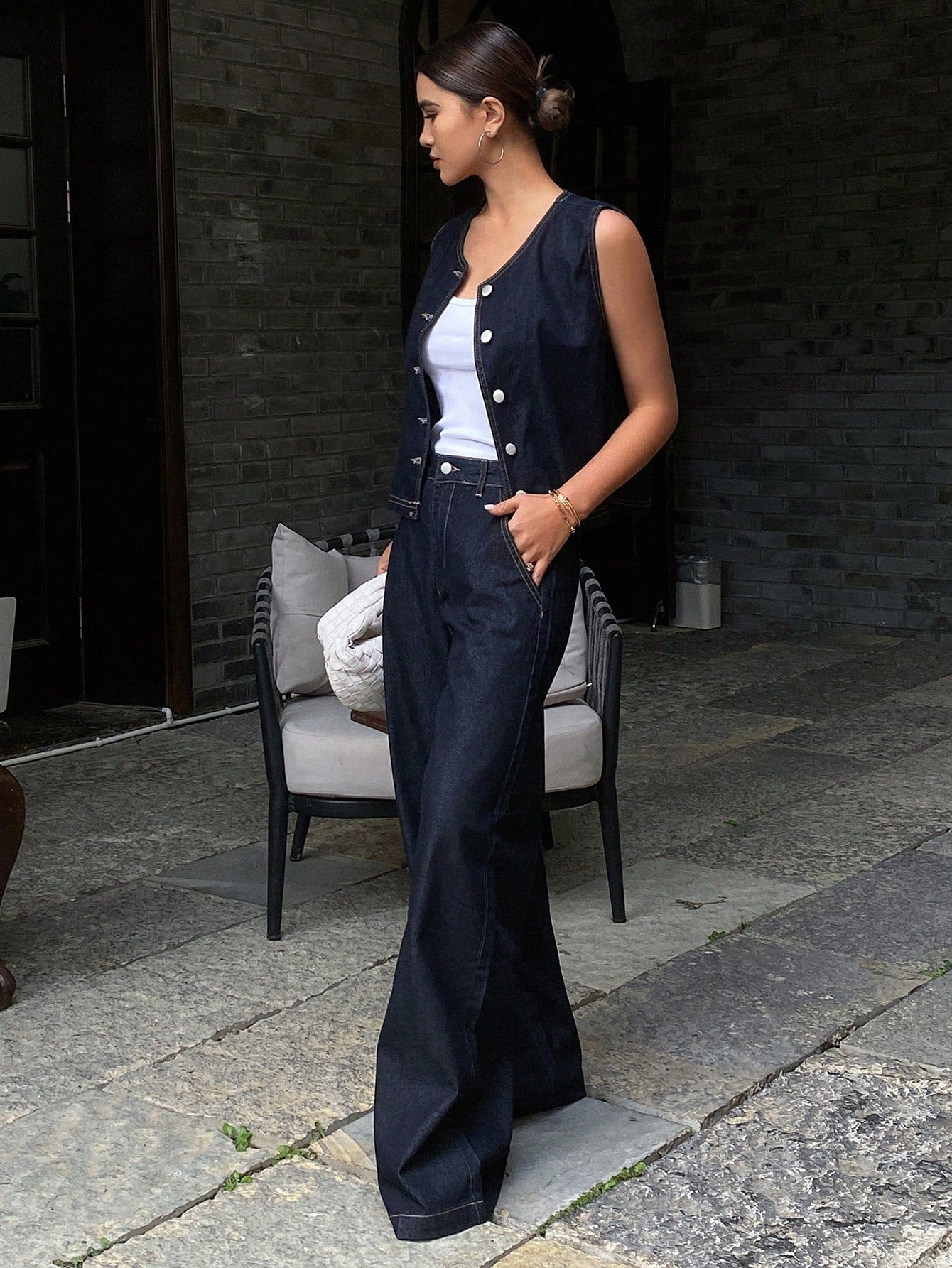 CM-SS970770 Women Casual Seoul Style Round Neck Open Front Denim Vest With Straight Leg Jeans - Set