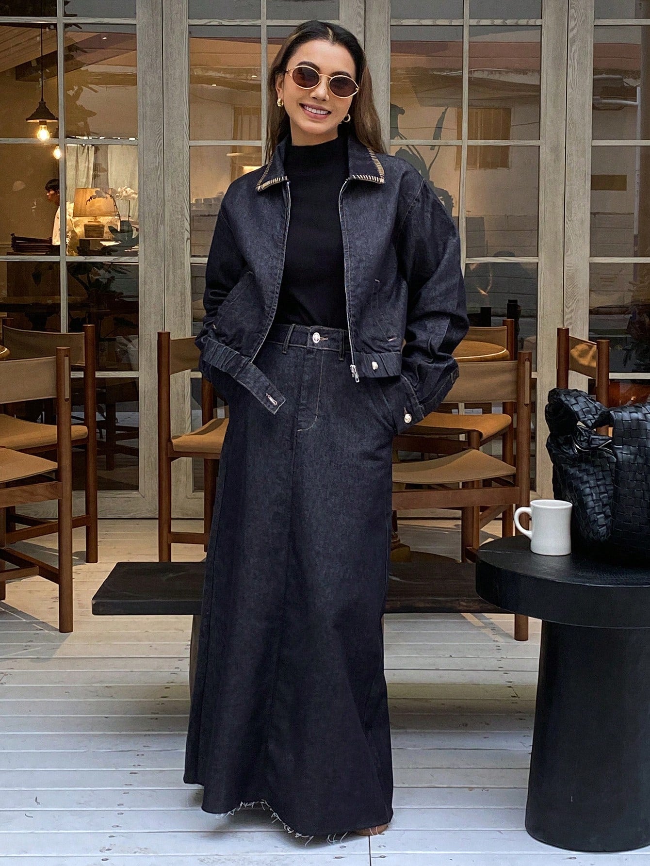 CM-SS144283 Women Casual Seoul Style Loose Collar Long Sleeve Denim Jacket With A-Line Long Skirt - Set