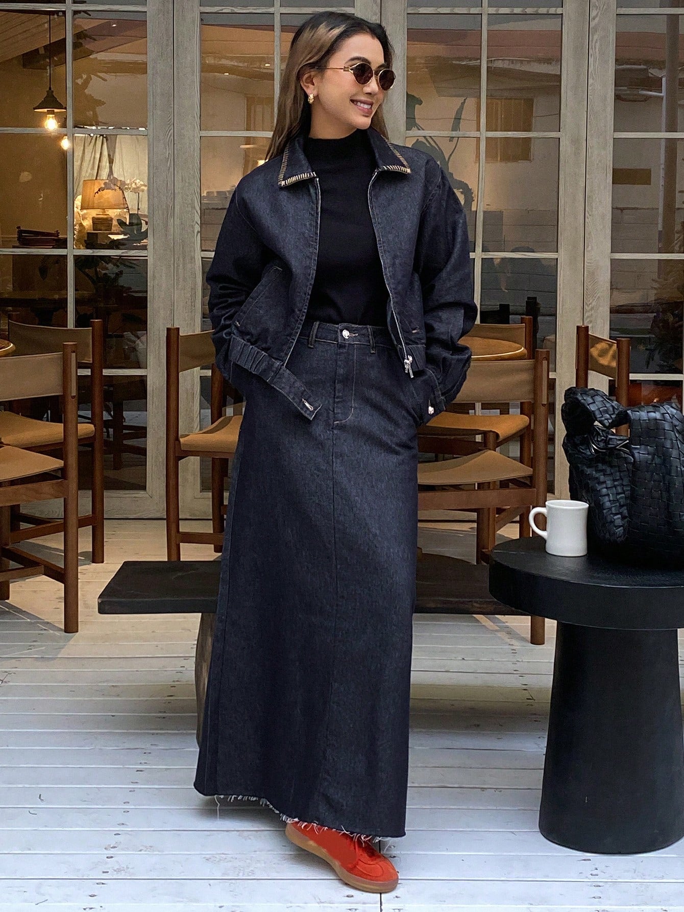 CM-SS144283 Women Casual Seoul Style Loose Collar Long Sleeve Denim Jacket With A-Line Long Skirt - Set