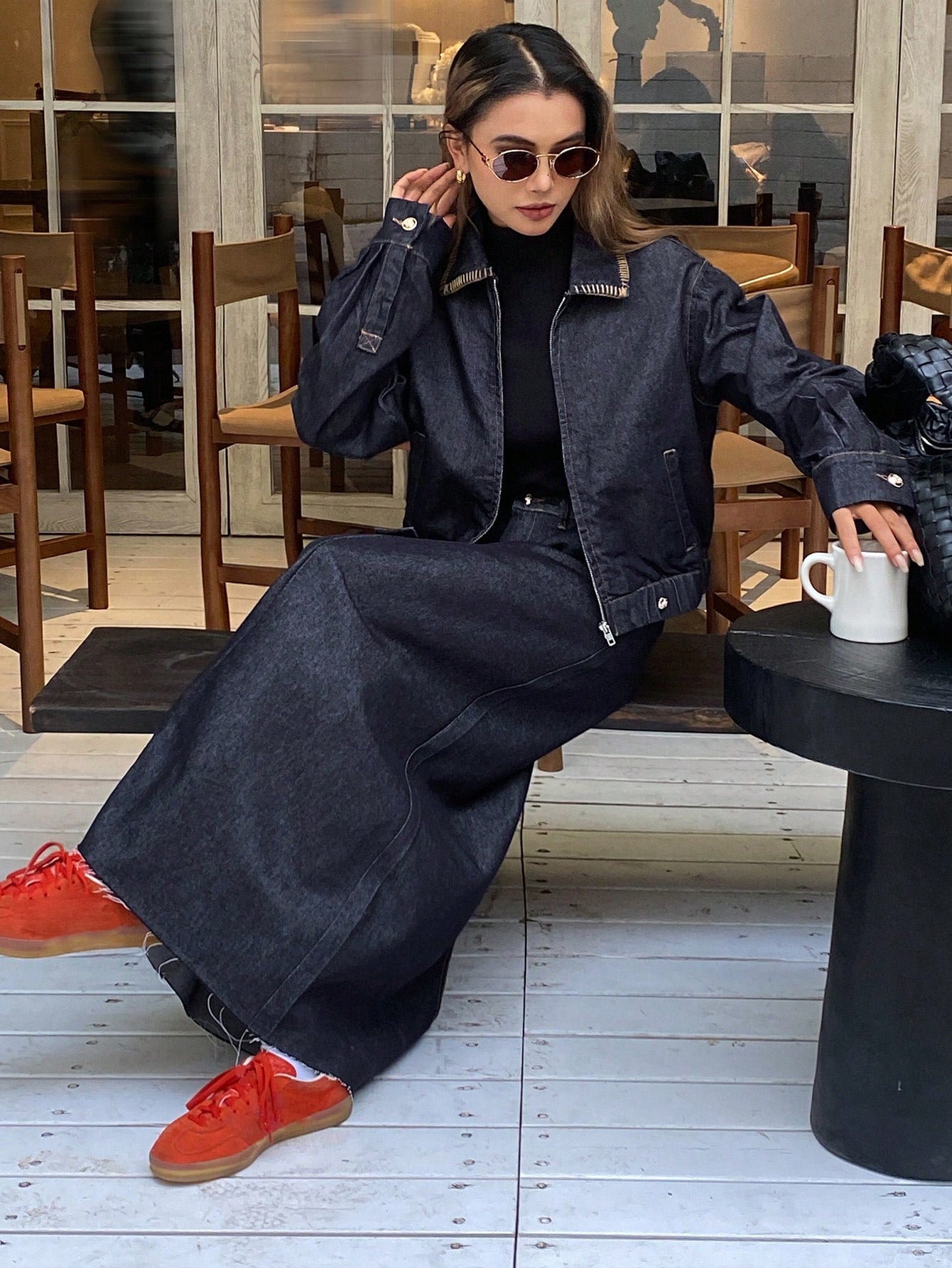 CM-SS144283 Women Casual Seoul Style Loose Collar Long Sleeve Denim Jacket With A-Line Long Skirt - Set