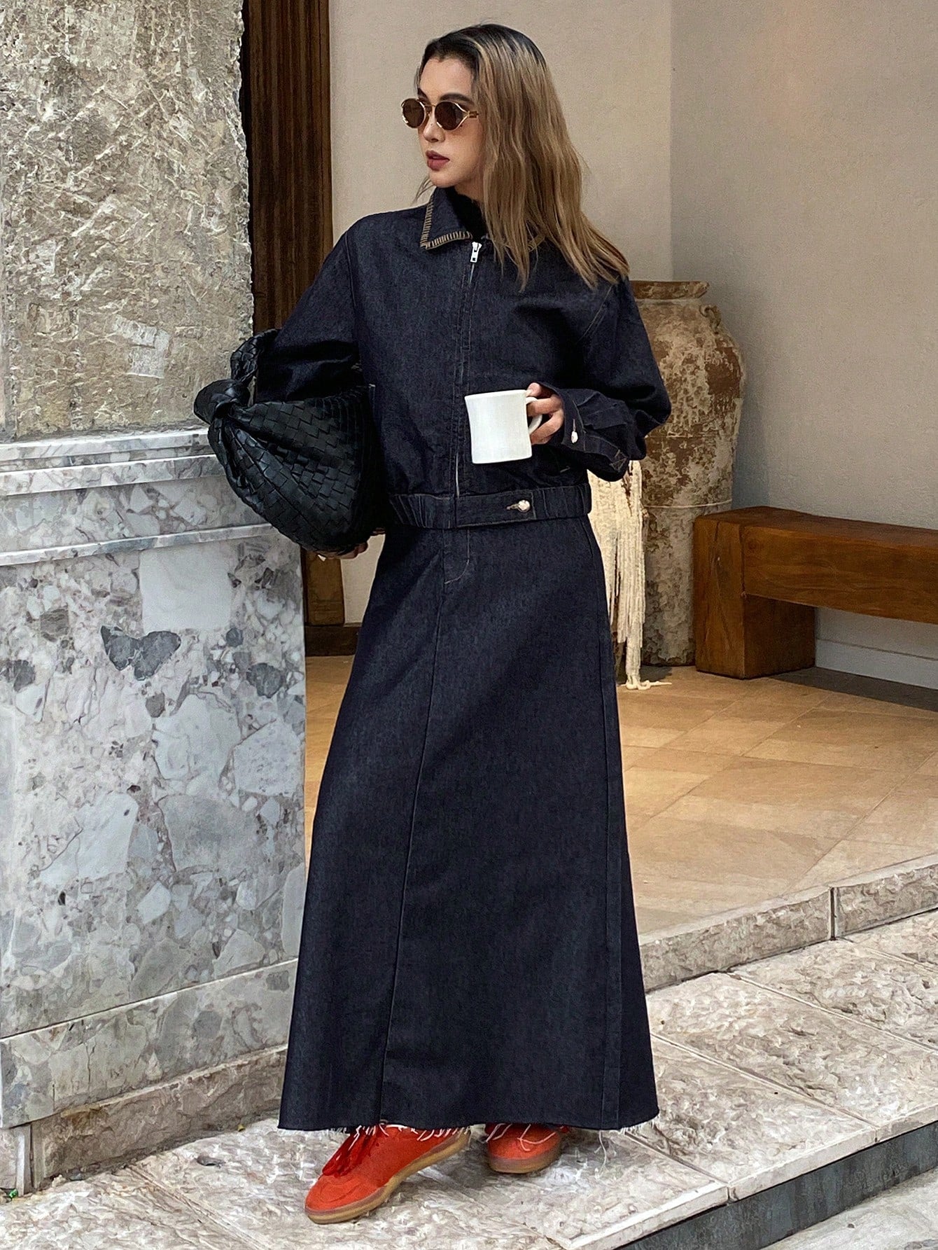 CM-SS144283 Women Casual Seoul Style Loose Collar Long Sleeve Denim Jacket With A-Line Long Skirt - Set