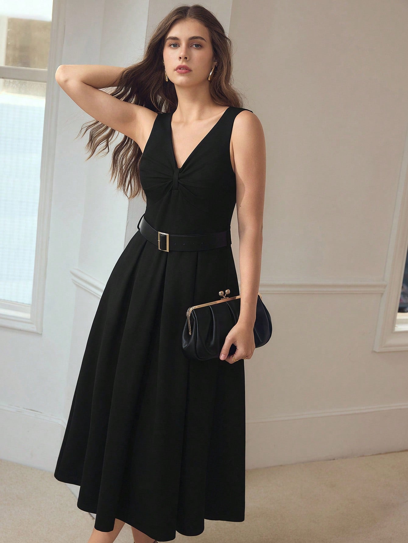 CM-DS436574 Women Elegant Seoul Style V-Neck Sleeveless Waist Cinched Belted Flared Dress - Black