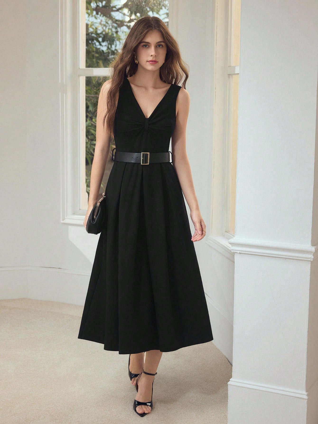 CM-DS436574 Women Elegant Seoul Style V-Neck Sleeveless Waist Cinched Belted Flared Dress - Black