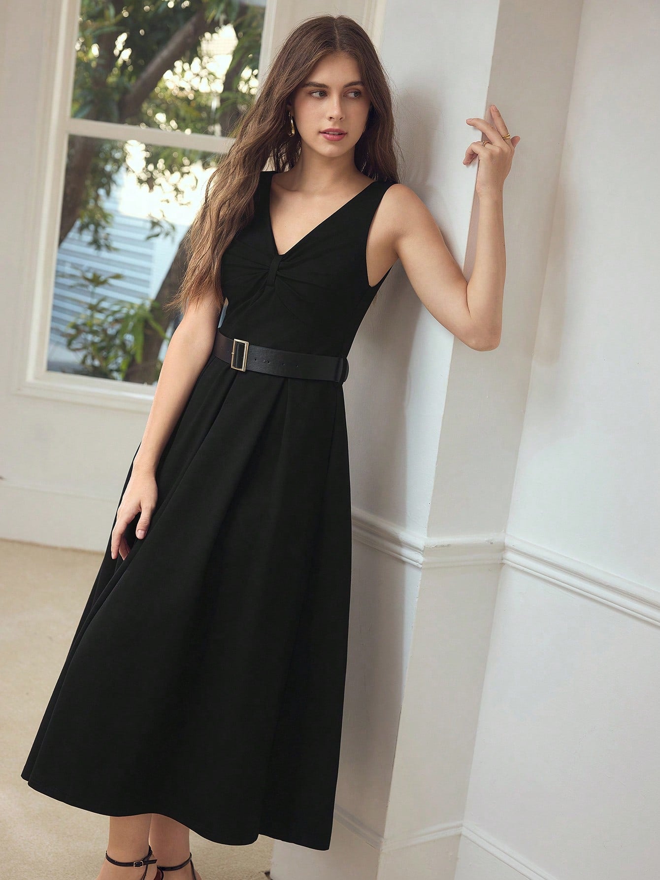 CM-DS436574 Women Elegant Seoul Style V-Neck Sleeveless Waist Cinched Belted Flared Dress - Black