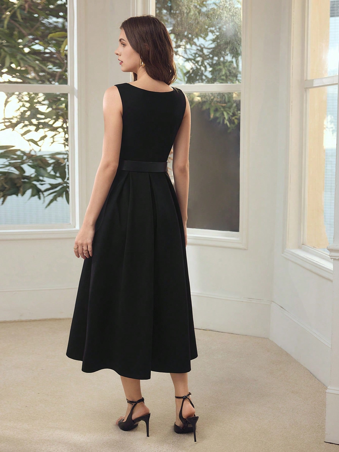 CM-DS436574 Women Elegant Seoul Style V-Neck Sleeveless Waist Cinched Belted Flared Dress - Black
