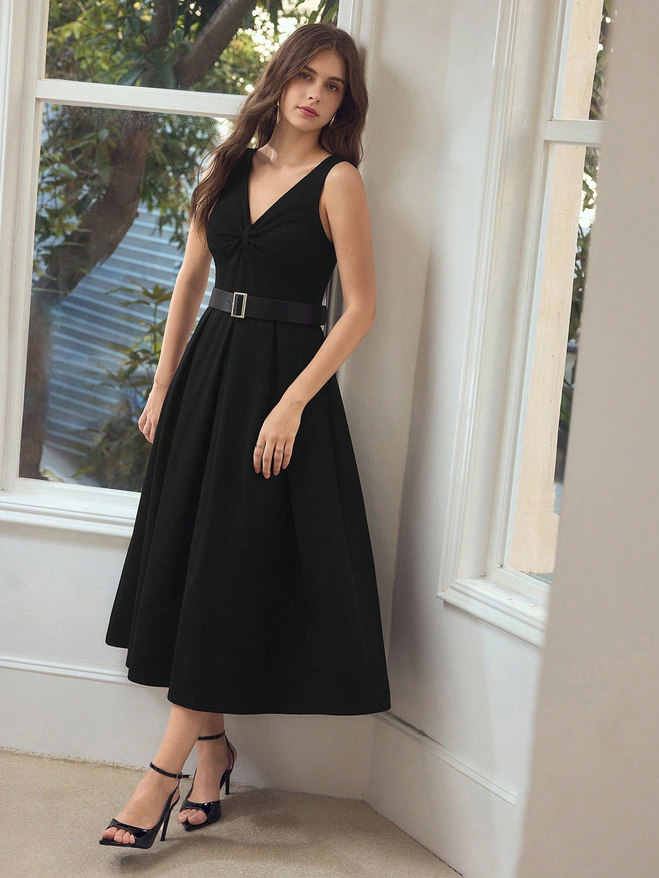 CM-DS436574 Women Elegant Seoul Style V-Neck Sleeveless Waist Cinched Belted Flared Dress - Black