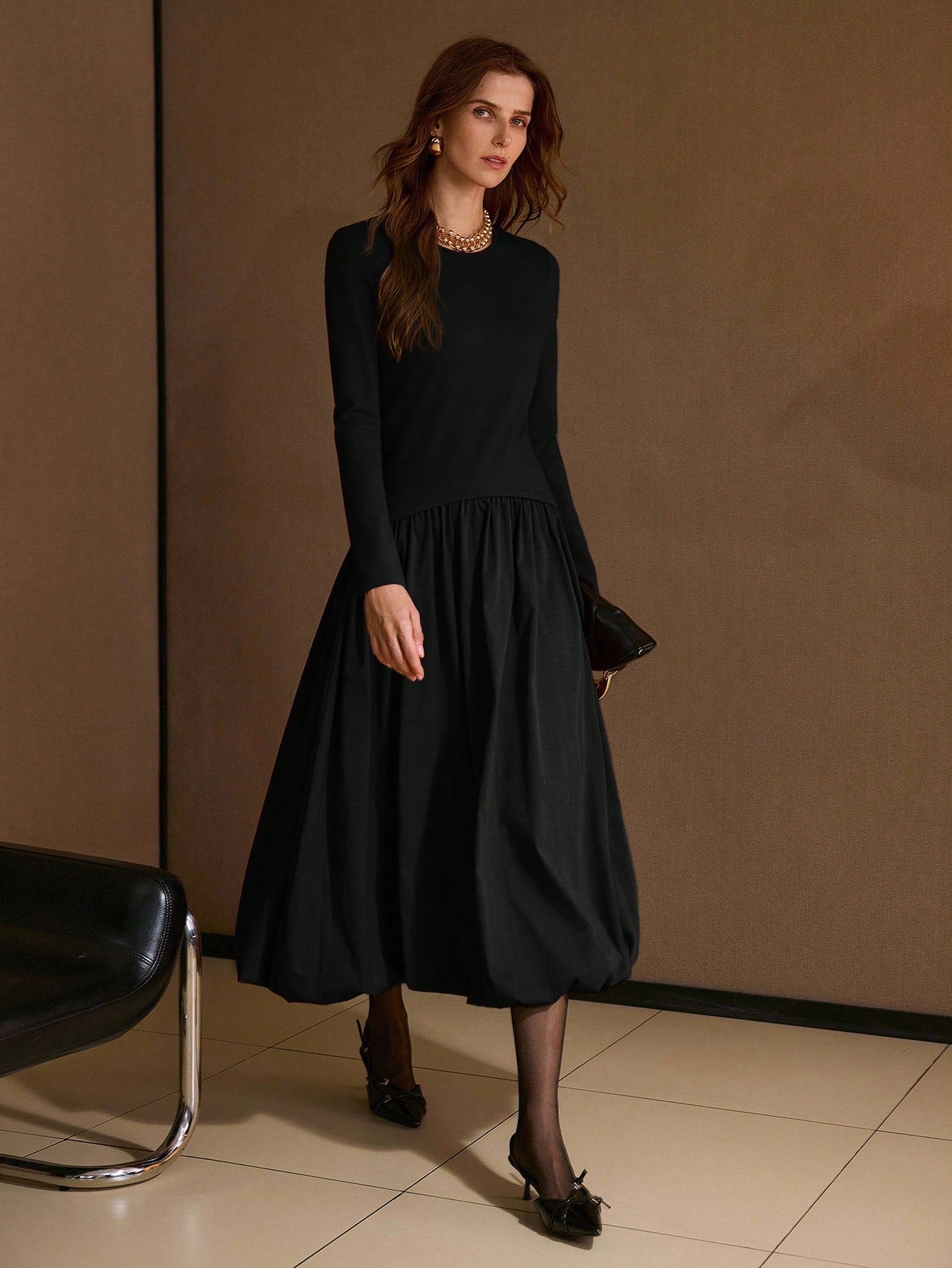 CM-DS188308 Women Elegant Seoul Style Round Neck Long Sleeve Knit Patchwork Woven Puffball Hem Dress - Black