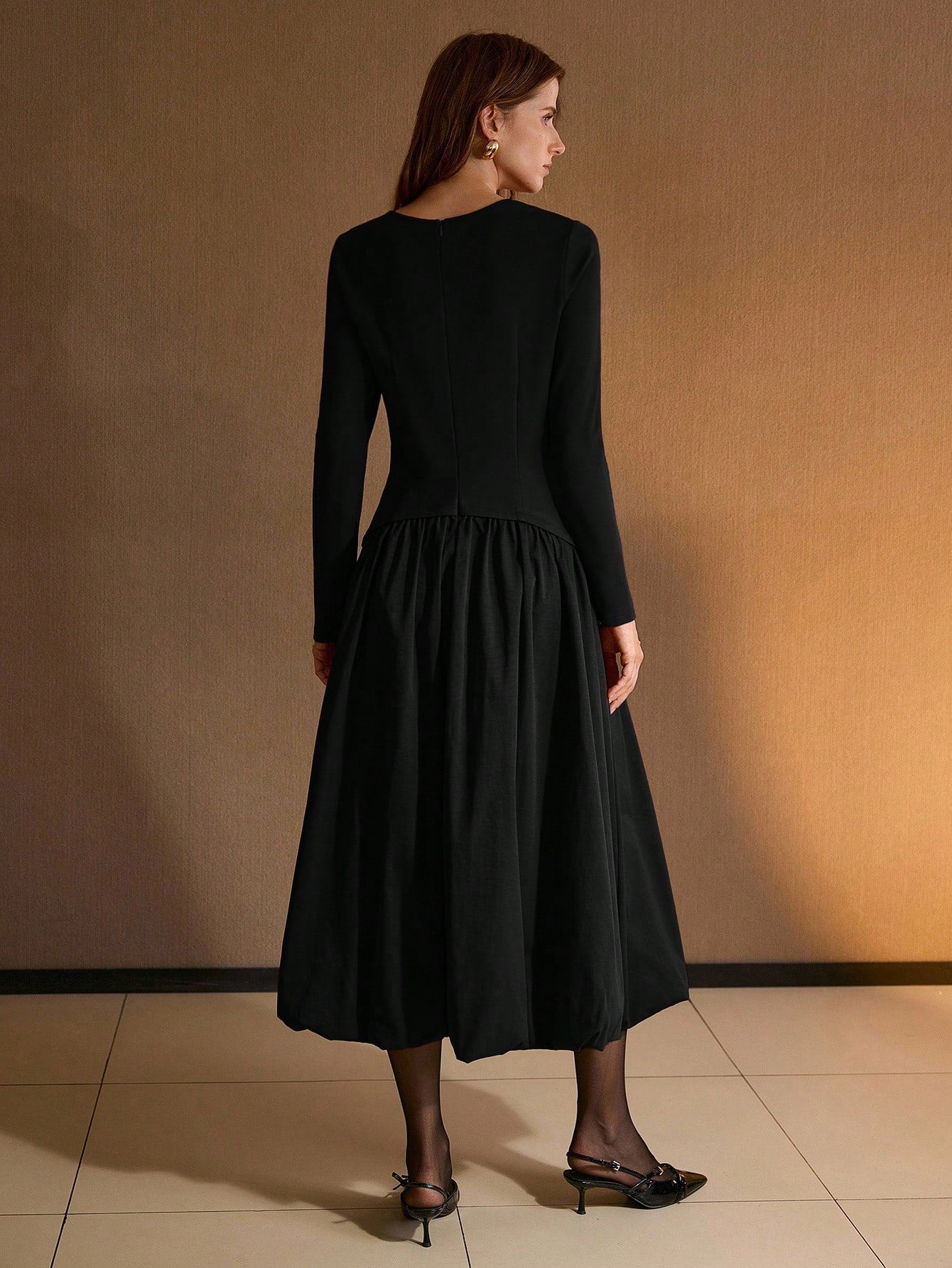 CM-DS188308 Women Elegant Seoul Style Round Neck Long Sleeve Knit Patchwork Woven Puffball Hem Dress - Black