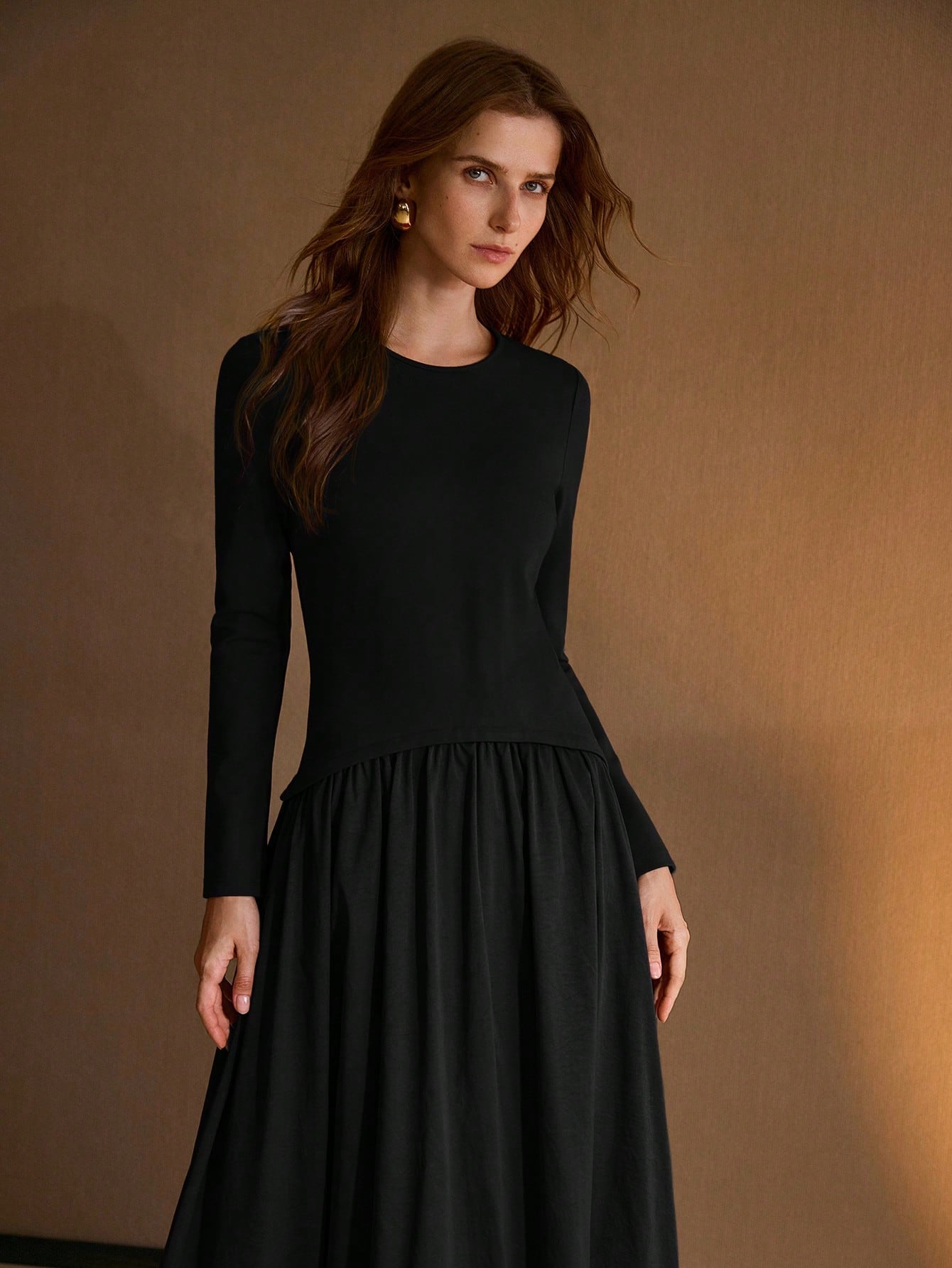 CM-DS188308 Women Elegant Seoul Style Round Neck Long Sleeve Knit Patchwork Woven Puffball Hem Dress - Black