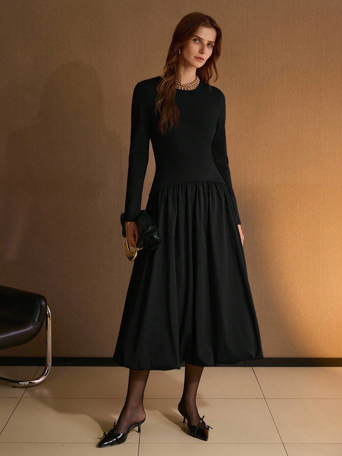 CM-DS188308 Women Elegant Seoul Style Round Neck Long Sleeve Knit Patchwork Woven Puffball Hem Dress - Black