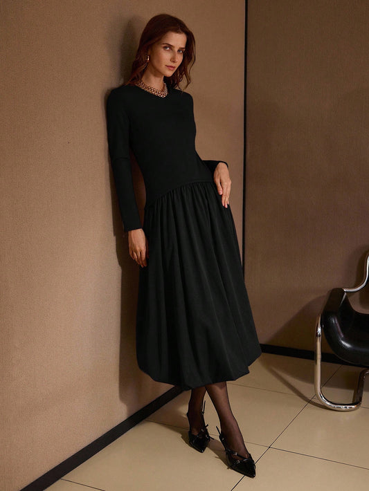 CM-DS188308 Women Elegant Seoul Style Round Neck Long Sleeve Knit Patchwork Woven Puffball Hem Dress - Black