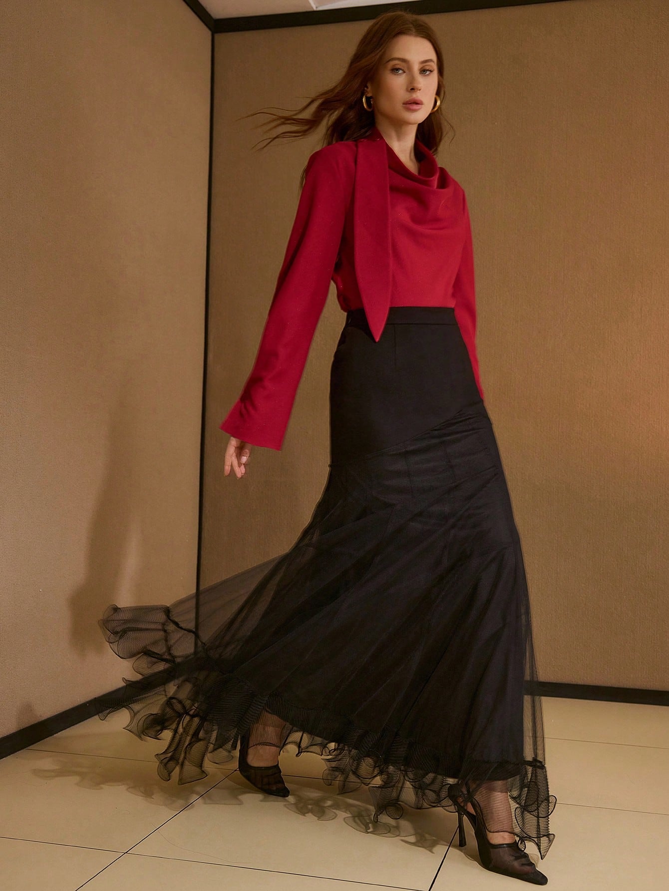 CM-TS303475 Women Elegant Seoul Style Cowl Neck Asymmetric Hem Long Sleeve Belted Blouse - Red