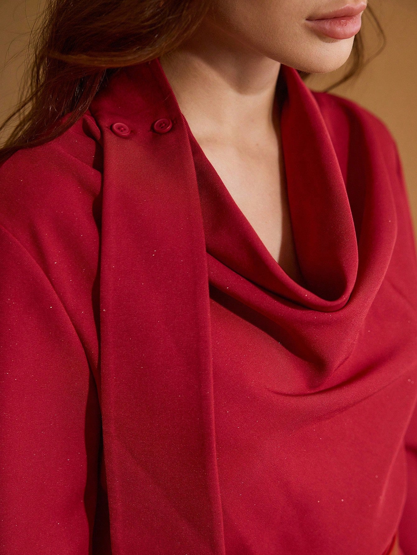 CM-TS303475 Women Elegant Seoul Style Cowl Neck Asymmetric Hem Long Sleeve Belted Blouse - Red