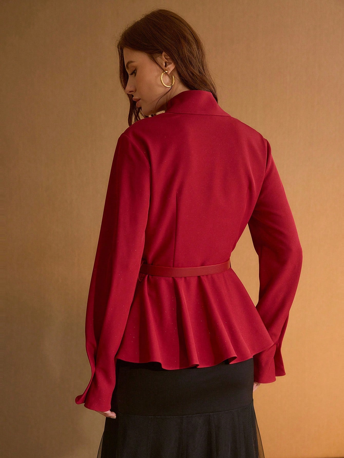 CM-TS303475 Women Elegant Seoul Style Cowl Neck Asymmetric Hem Long Sleeve Belted Blouse - Red