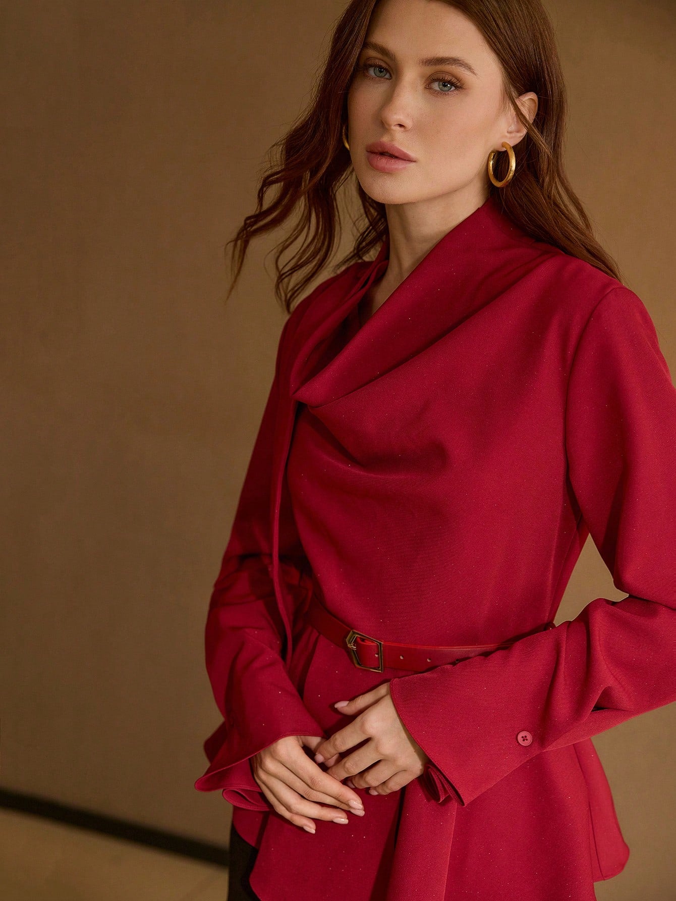 CM-TS303475 Women Elegant Seoul Style Cowl Neck Asymmetric Hem Long Sleeve Belted Blouse - Red