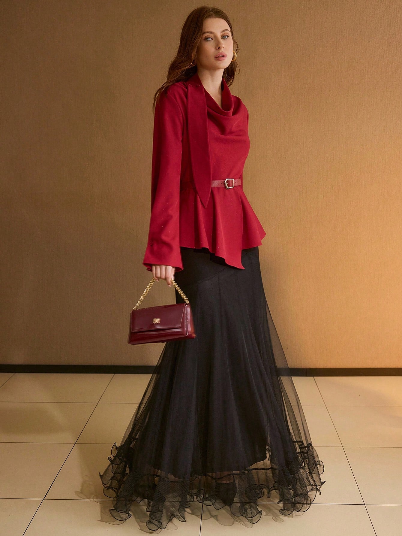 CM-TS303475 Women Elegant Seoul Style Cowl Neck Asymmetric Hem Long Sleeve Belted Blouse - Red