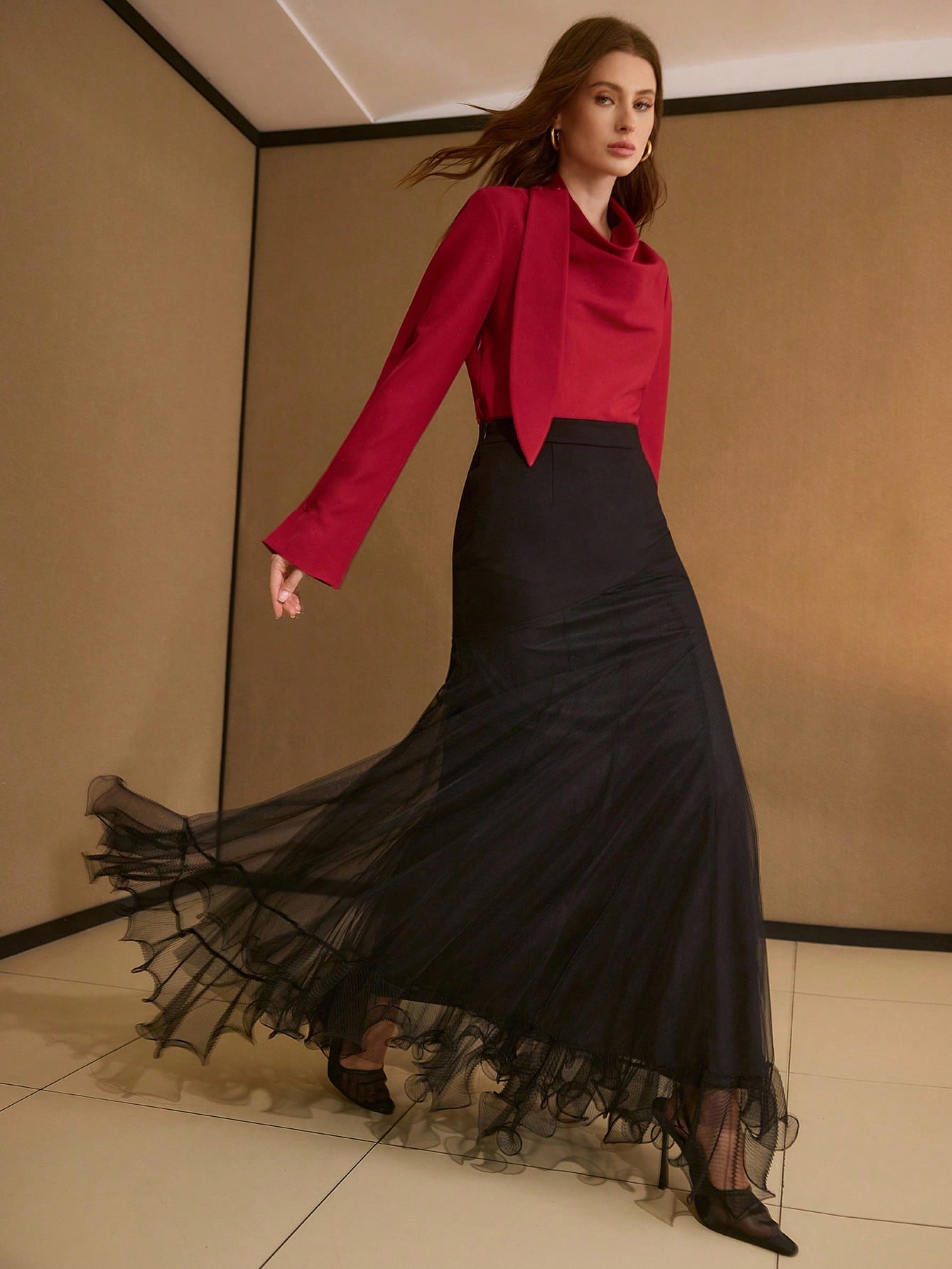CM-BS715713 Women Elegant Seoul Style Mid Waist Mesh Patchwork Long Pleated Skirt - Black