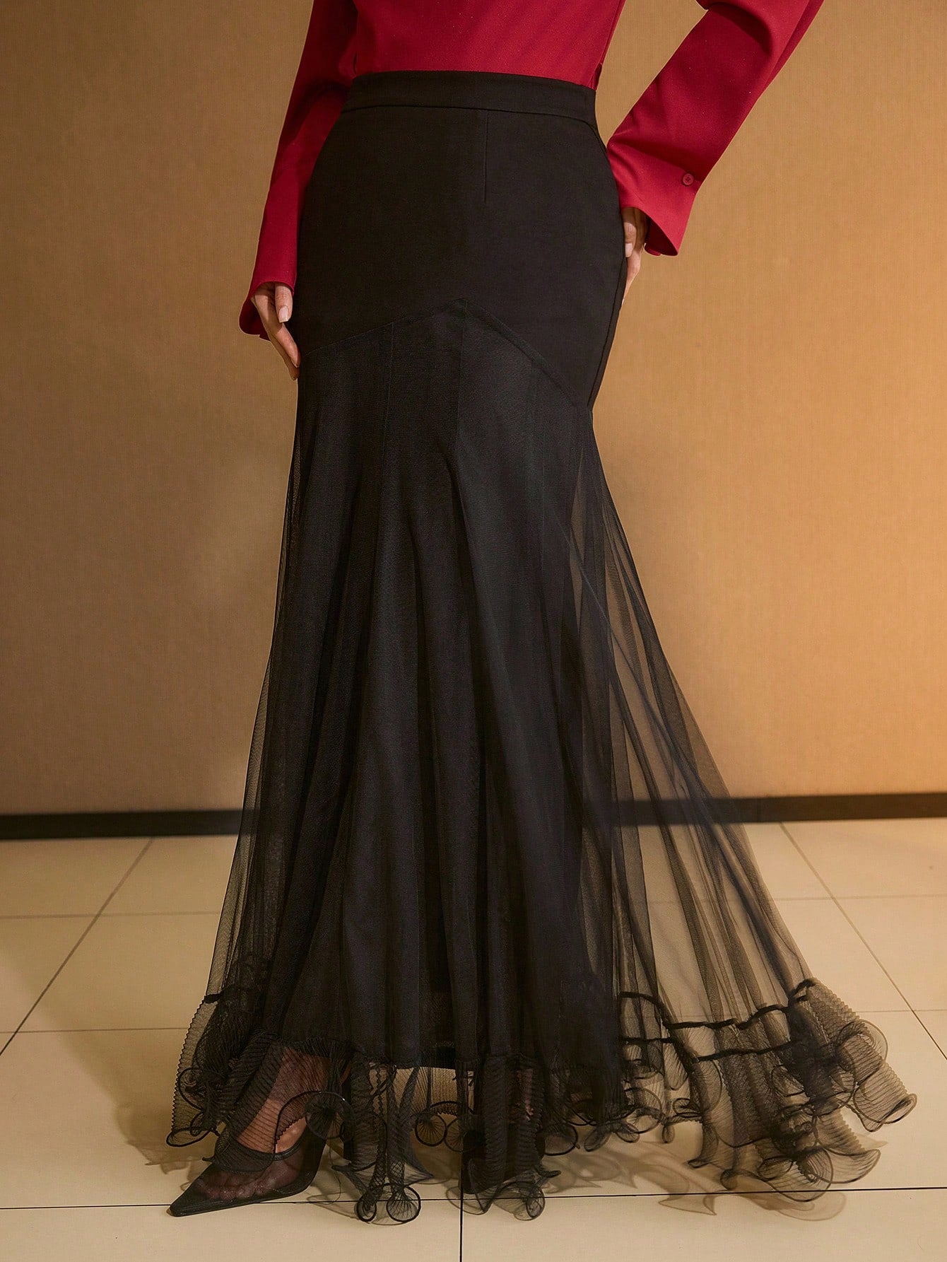 CM-BS715713 Women Elegant Seoul Style Mid Waist Mesh Patchwork Long Pleated Skirt - Black