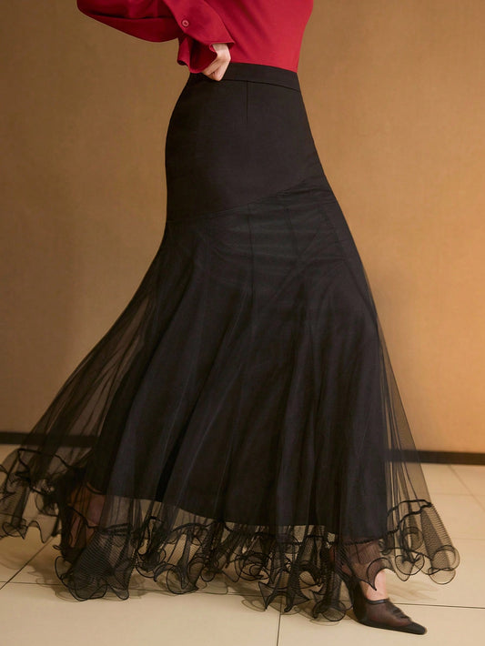 CM-BS715713 Women Elegant Seoul Style Mid Waist Mesh Patchwork Long Pleated Skirt - Black