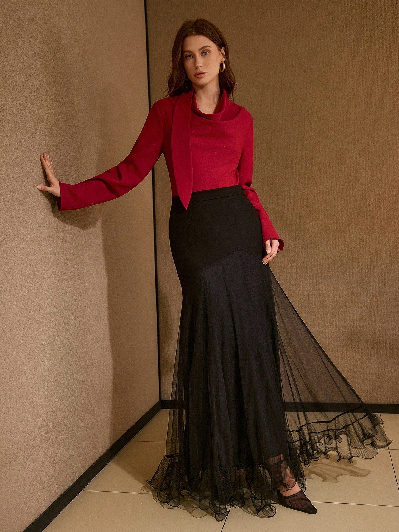 CM-BS715713 Women Elegant Seoul Style Mid Waist Mesh Patchwork Long Pleated Skirt - Black