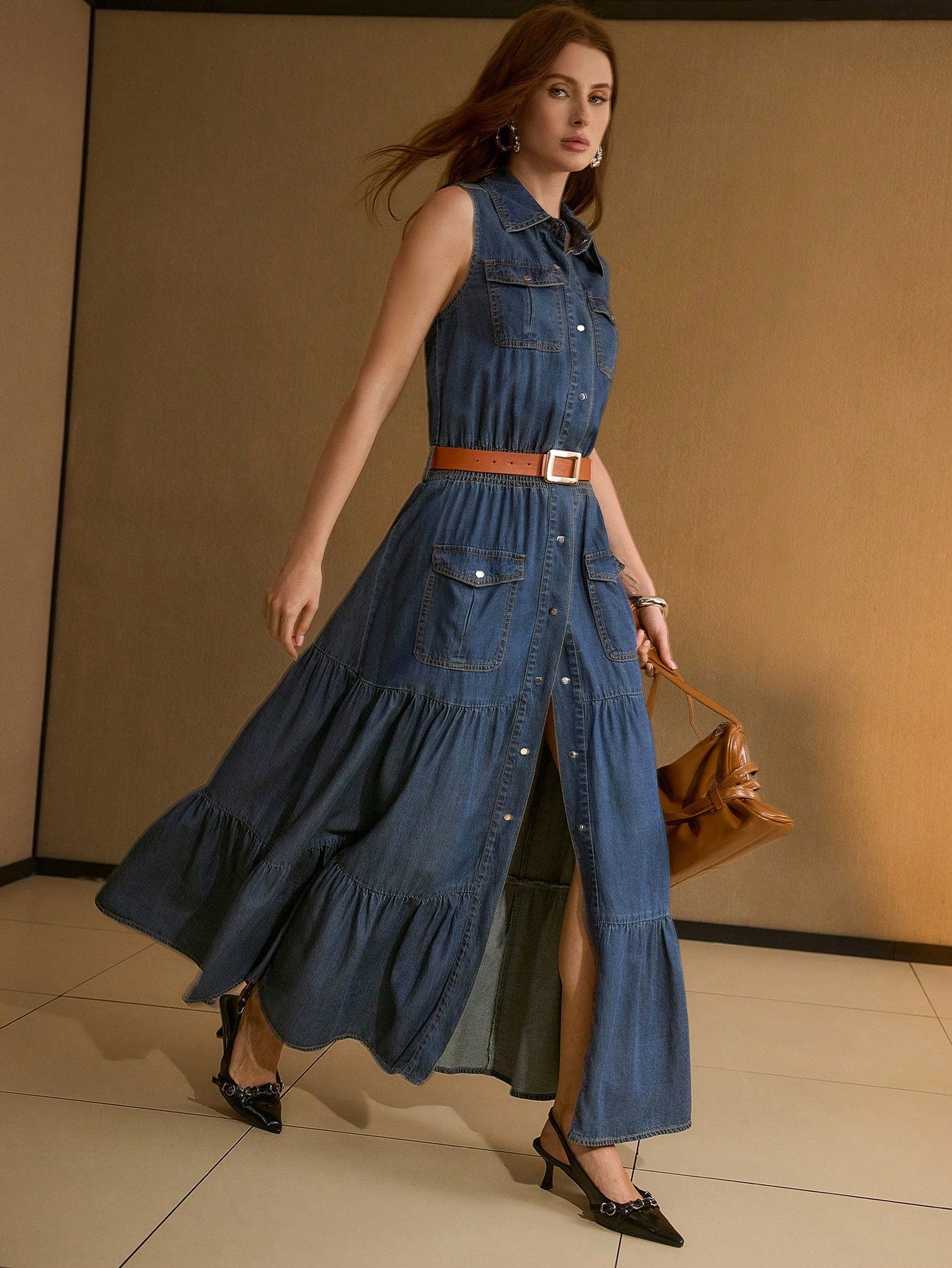 CM-DS094400 Women Elegant Seoul Style Collar Neckline Sleeveless Flared Tencil Denim Dress - Blue