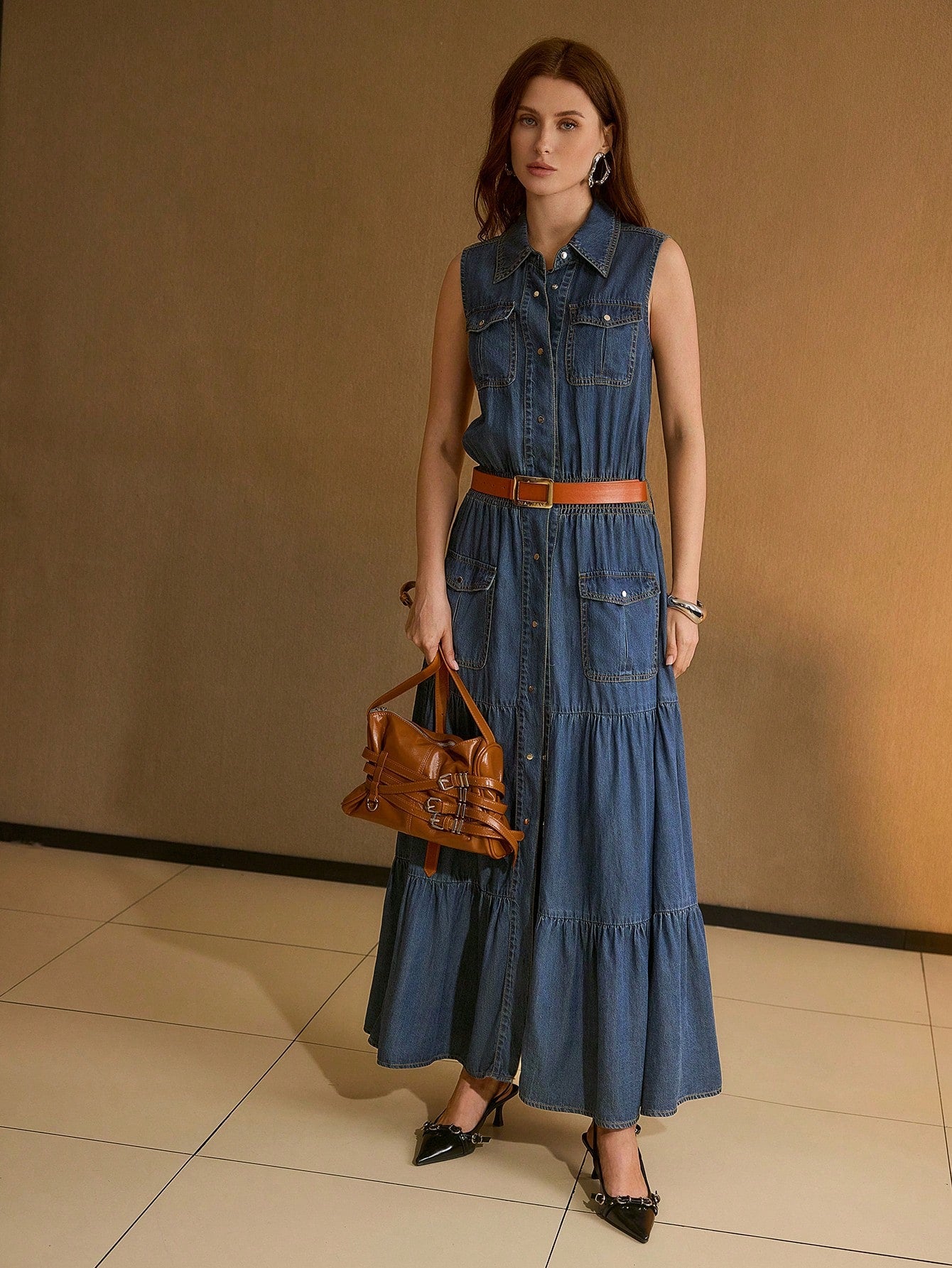 CM-DS094400 Women Elegant Seoul Style Collar Neckline Sleeveless Flared Tencil Denim Dress - Blue