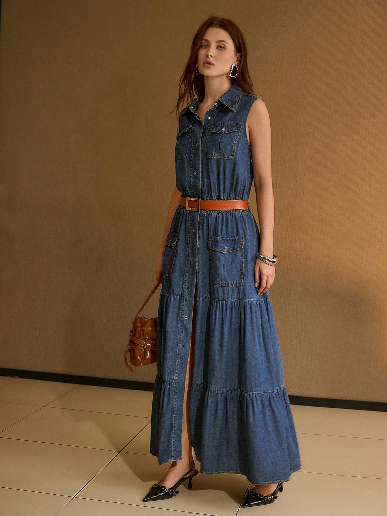 CM-DS094400 Women Elegant Seoul Style Collar Neckline Sleeveless Flared Tencil Denim Dress - Blue