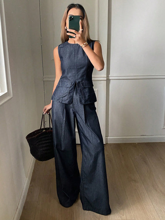 CM-SS818122 Women Casual Seoul Style Round Neck Sleeveless Denim Vest With Loose Straight Leg Jeans - Set