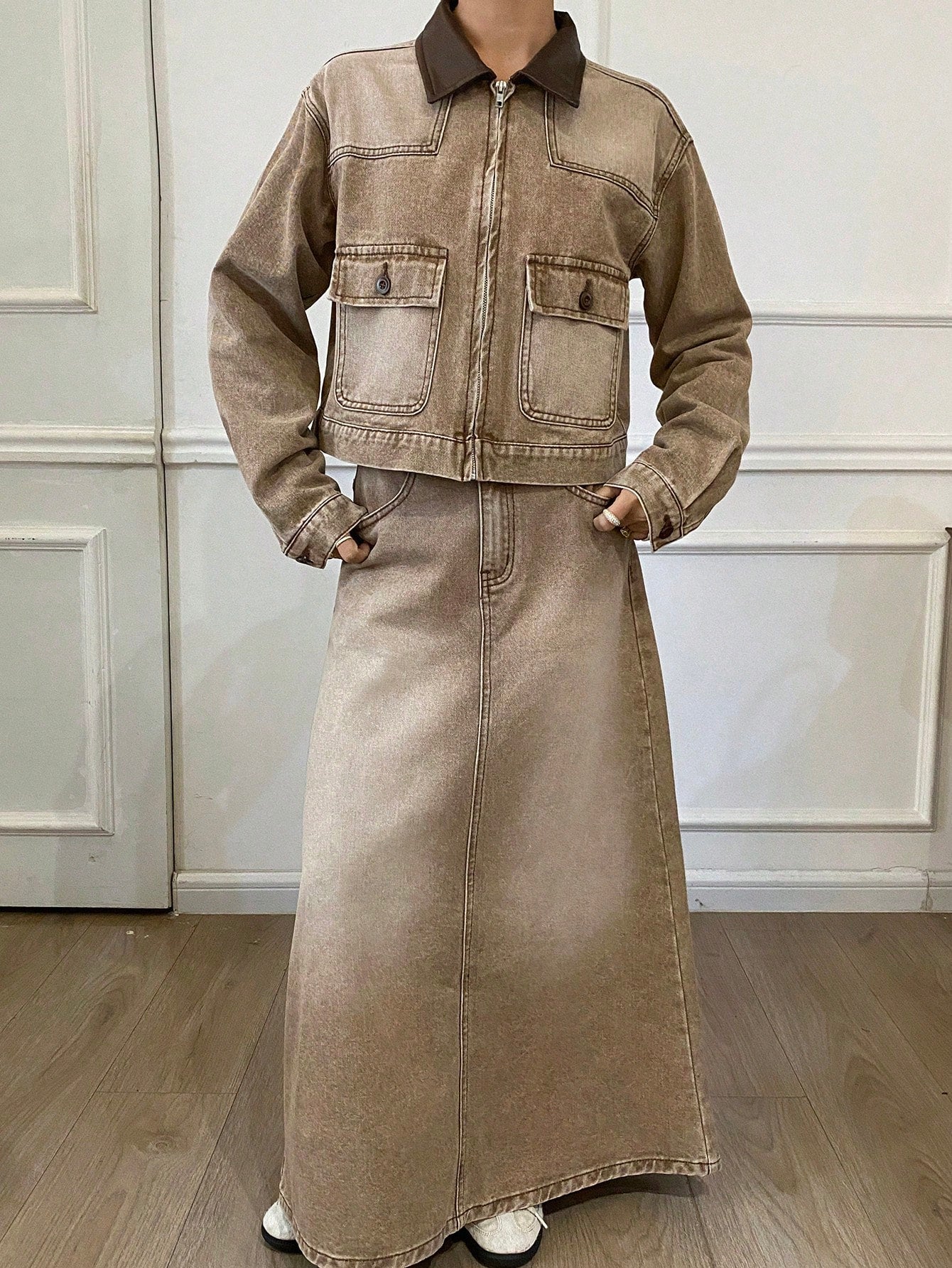 CM-SS424477 Women Casual Seoul Style PU Collar Splice Loose Long Sleeve Denim Jacket With Skirt - Set