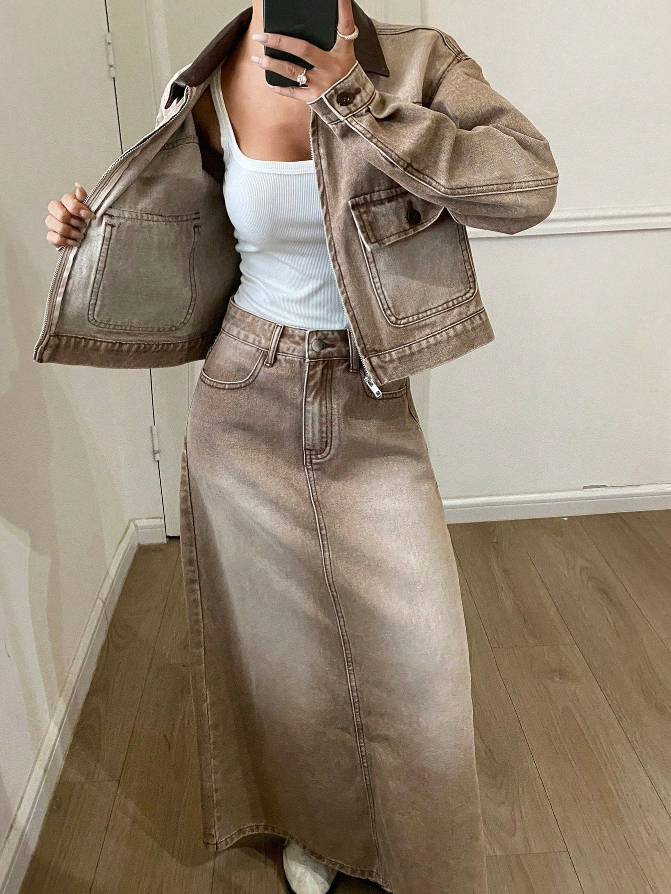 CM-SS424477 Women Casual Seoul Style PU Collar Splice Loose Long Sleeve Denim Jacket With Skirt - Set