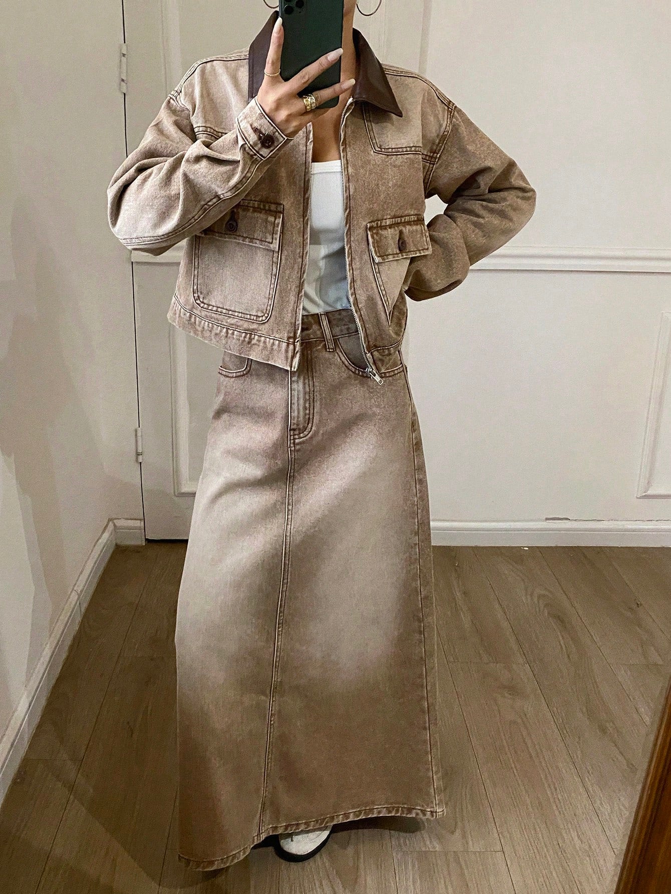 CM-SS424477 Women Casual Seoul Style PU Collar Splice Loose Long Sleeve Denim Jacket With Skirt - Set