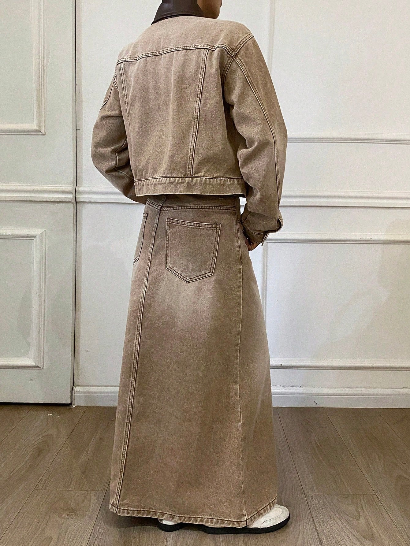 CM-SS424477 Women Casual Seoul Style PU Collar Splice Loose Long Sleeve Denim Jacket With Skirt - Set