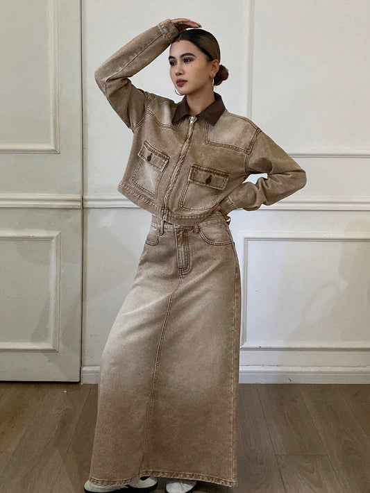 CM-SS424477 Women Casual Seoul Style PU Collar Splice Loose Long Sleeve Denim Jacket With Skirt - Set