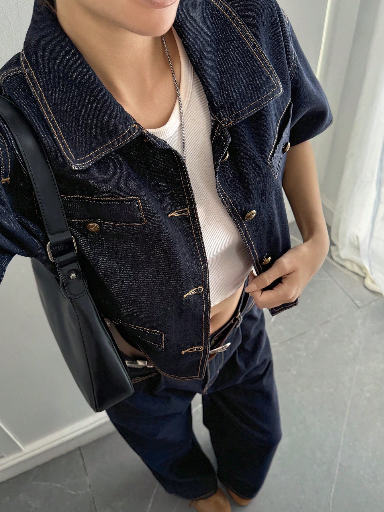 CM-SS873926 Women Casual Seoul Style Denim Short Sleeve Shirt Top With Pants - Set