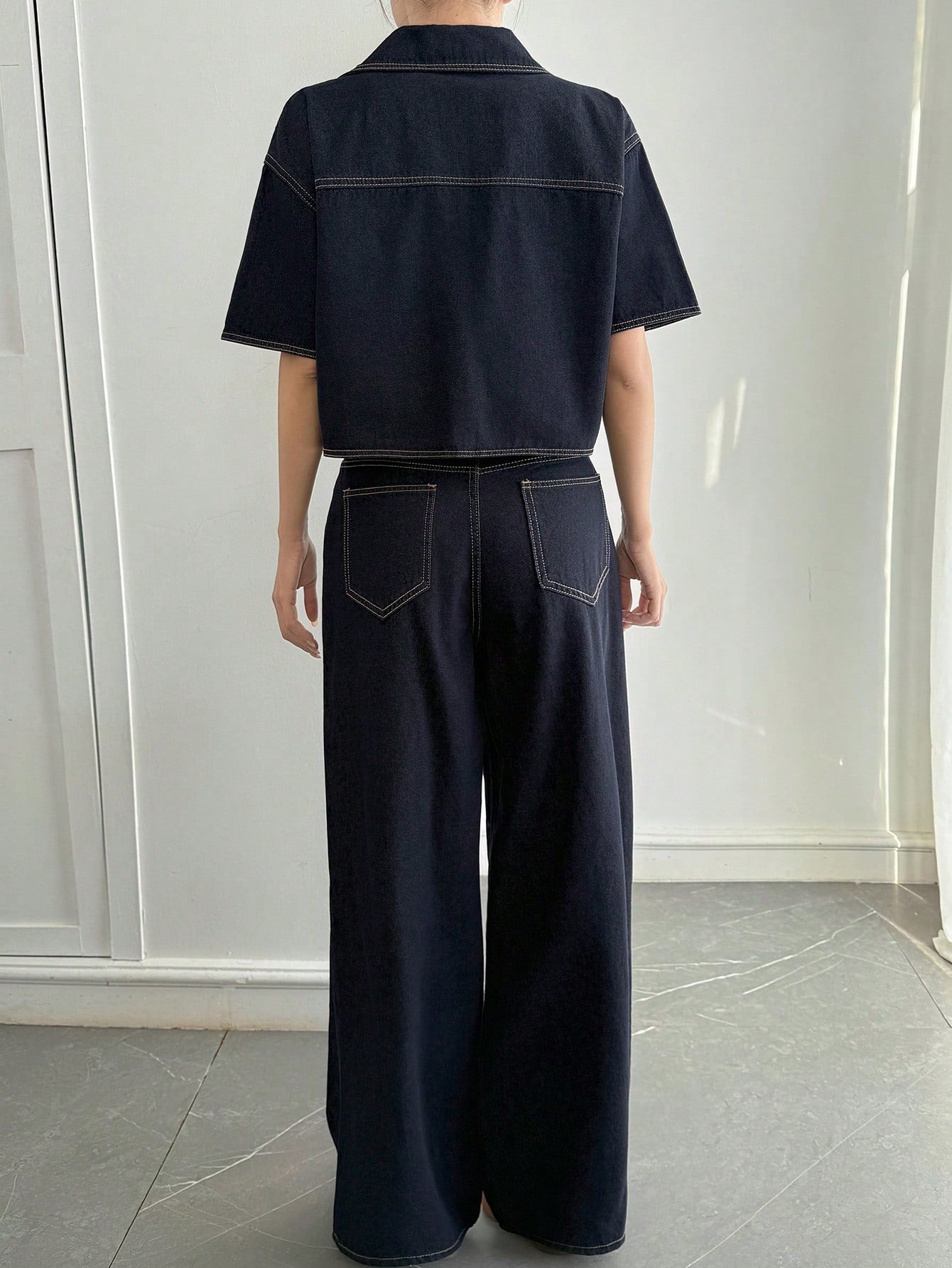 CM-SS873926 Women Casual Seoul Style Denim Short Sleeve Shirt Top With Pants - Set
