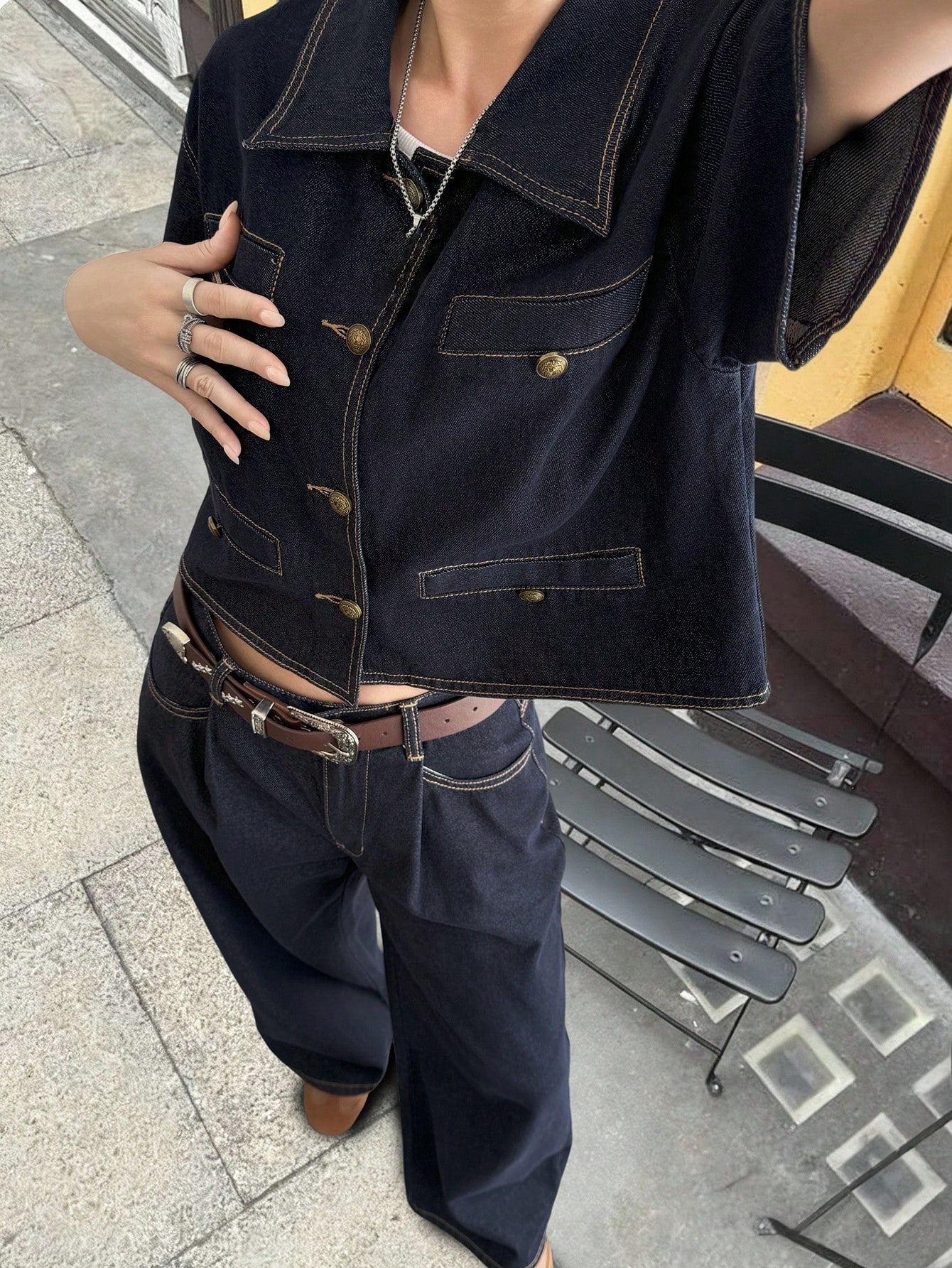 CM-SS873926 Women Casual Seoul Style Denim Short Sleeve Shirt Top With Pants - Set