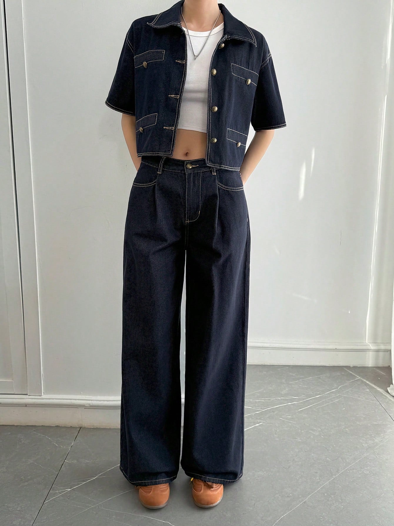 CM-SS873926 Women Casual Seoul Style Denim Short Sleeve Shirt Top With Pants - Set