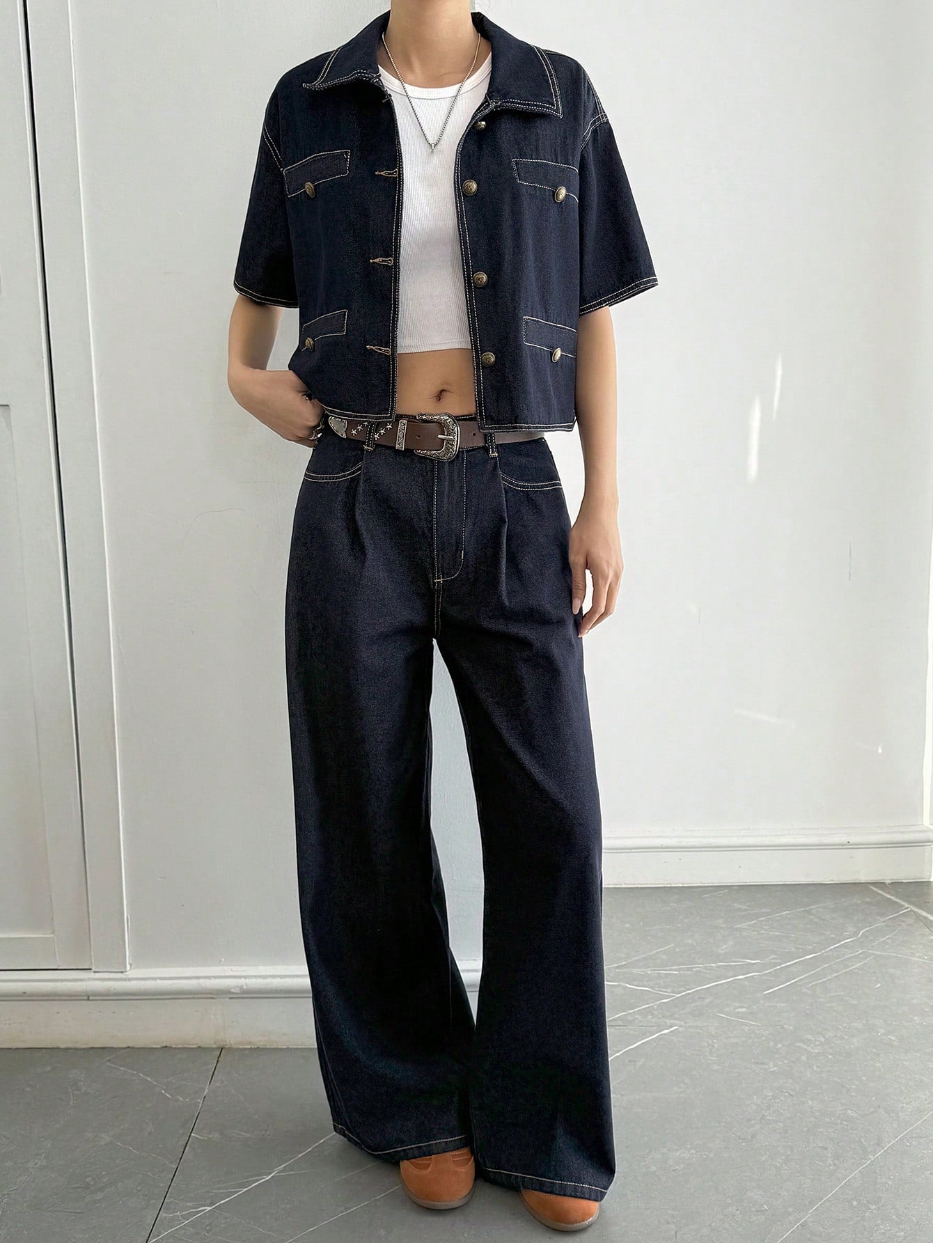 CM-SS873926 Women Casual Seoul Style Denim Short Sleeve Shirt Top With Pants - Set