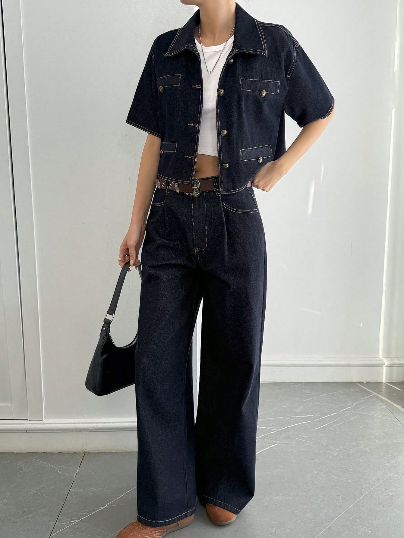 CM-SS873926 Women Casual Seoul Style Denim Short Sleeve Shirt Top With Pants - Set