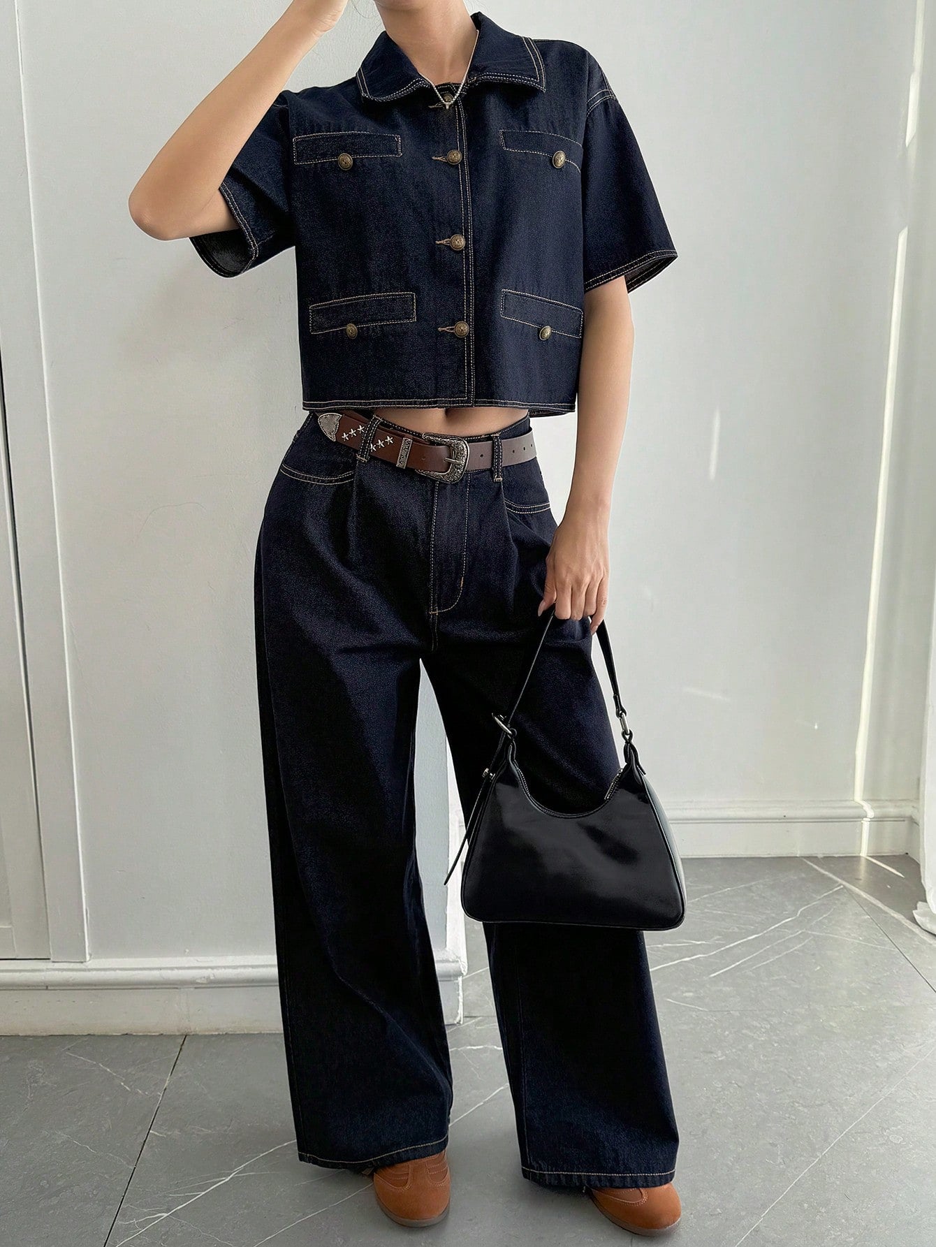 CM-SS873926 Women Casual Seoul Style Denim Short Sleeve Shirt Top With Pants - Set