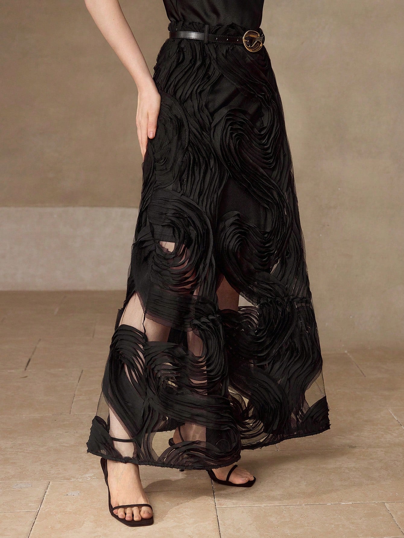 CM-BS402992 Women Elegant Seoul Style High Waist Textured Design Long Skirt - Black