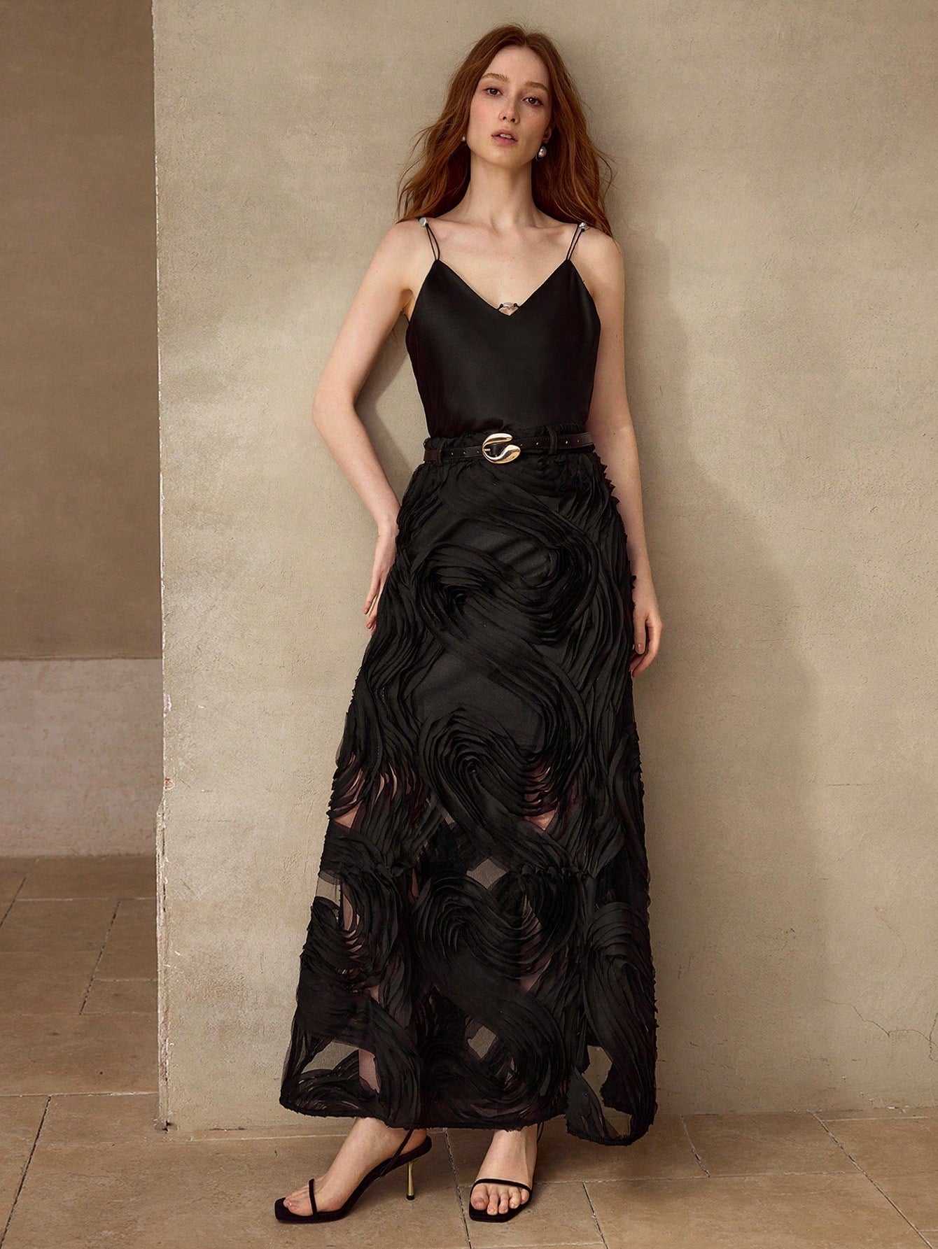 CM-BS402992 Women Elegant Seoul Style High Waist Textured Design Long Skirt - Black
