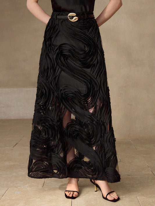 CM-BS402992 Women Elegant Seoul Style High Waist Textured Design Long Skirt - Black