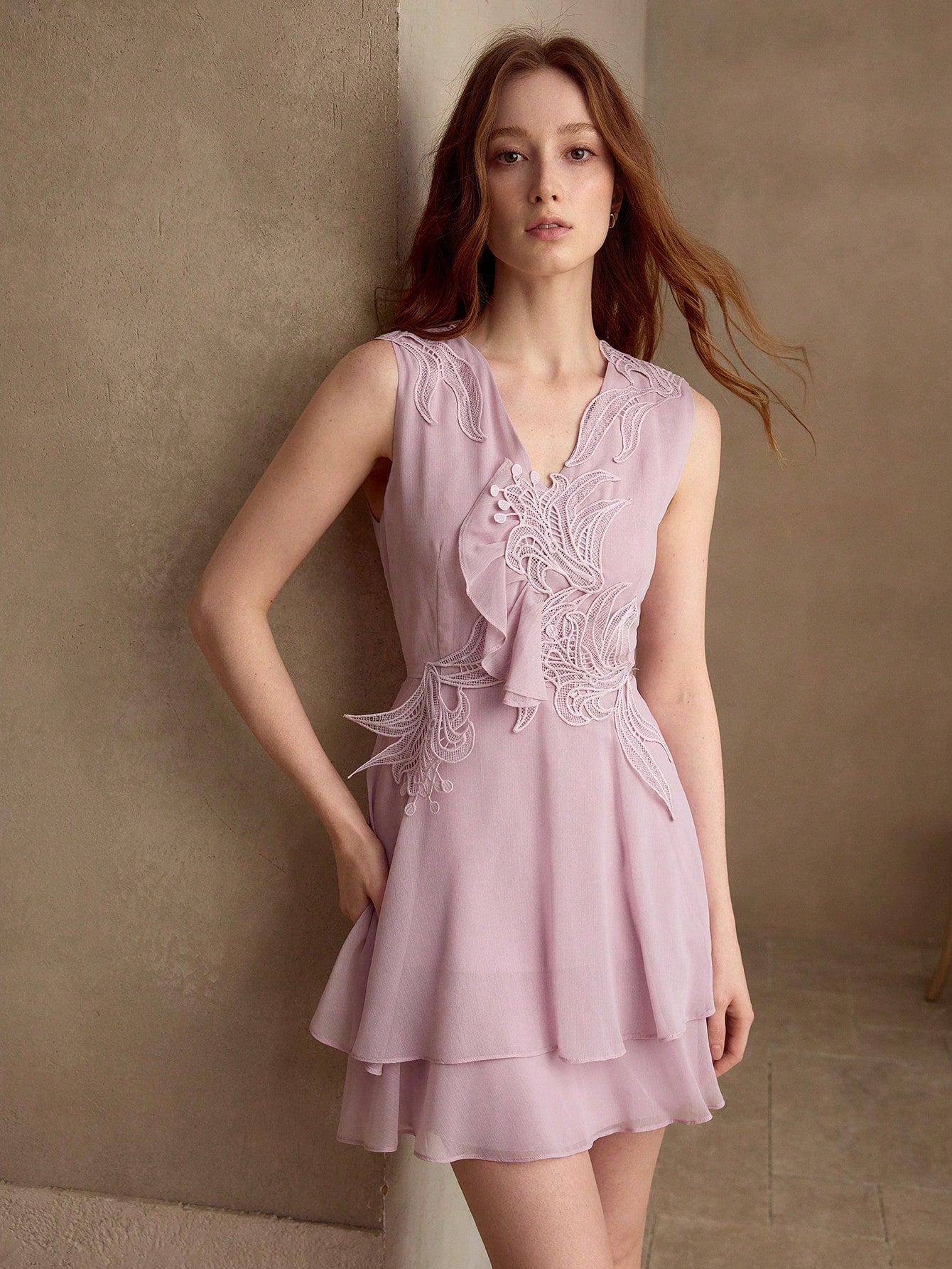 CM-DS948828 Women Elegant Seoul Style V-Neck Sleeveless Waist Cinched A-Line Short Dress - Dusty Pink