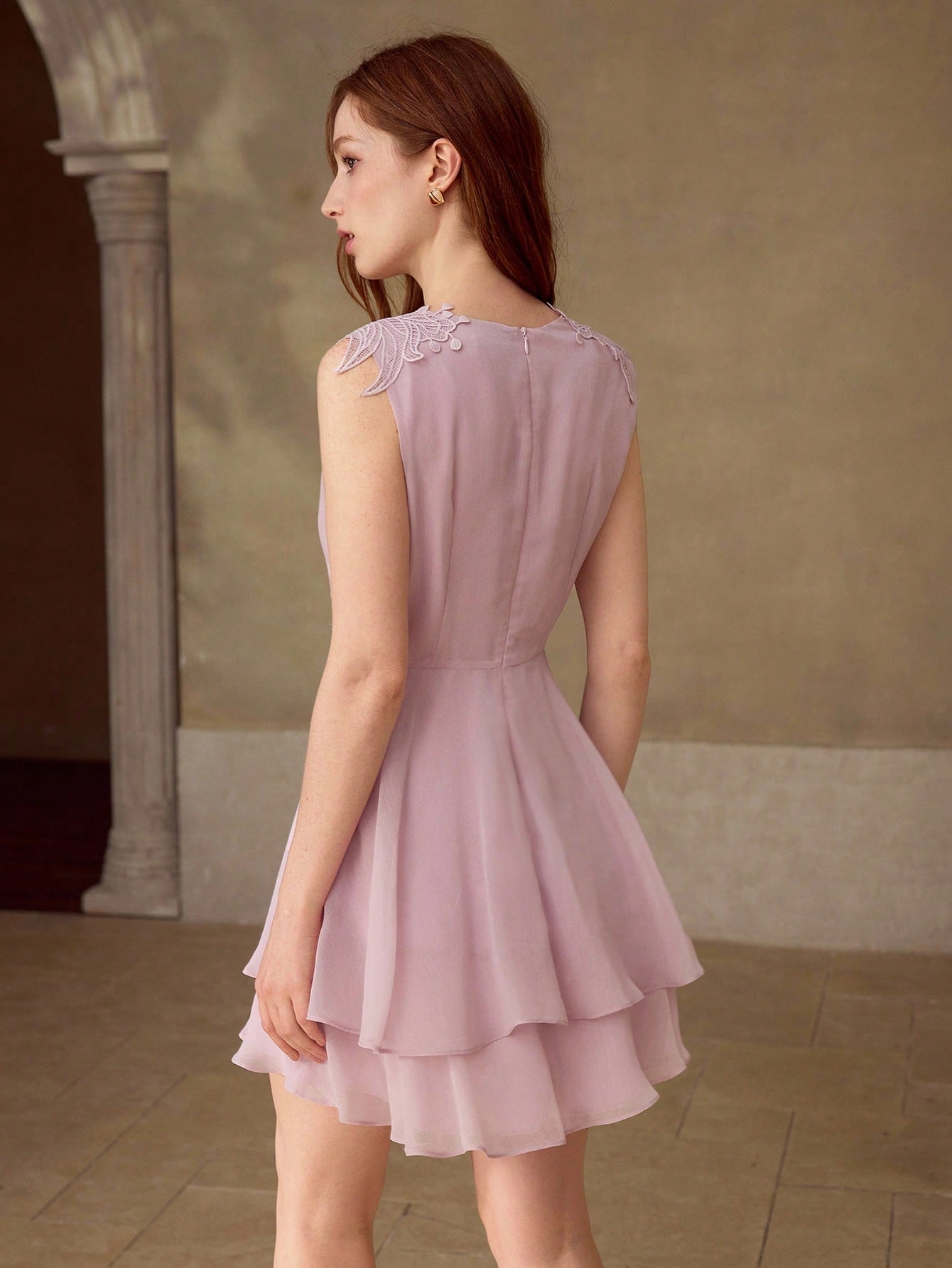 CM-DS948828 Women Elegant Seoul Style V-Neck Sleeveless Waist Cinched A-Line Short Dress - Dusty Pink