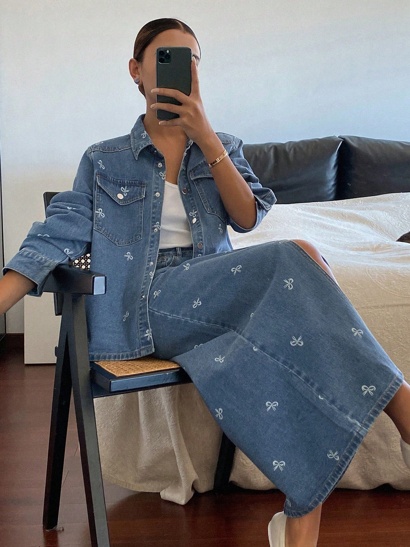 CM-SS301961 Women Casual Seoul Style Medium Wash Bow Print Lapel Loose Denim Jacket With Long Skirt - Set